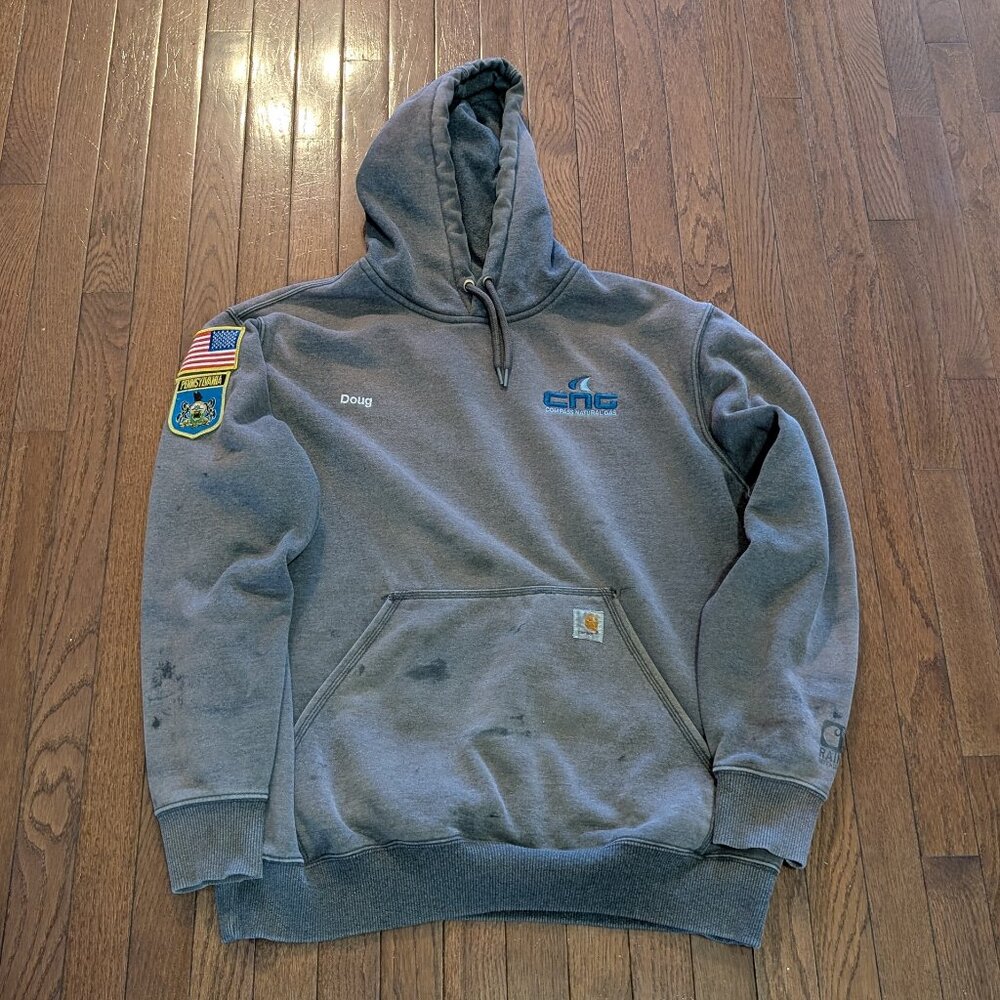 Faded Carhartt Rain Defender Hoodie with Patches and Embroidery - Size XL